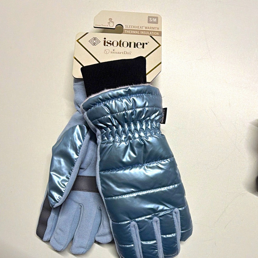 NWT Isotoner Iridescent Sleekheat Touch Screen Enabled Gloves light blue